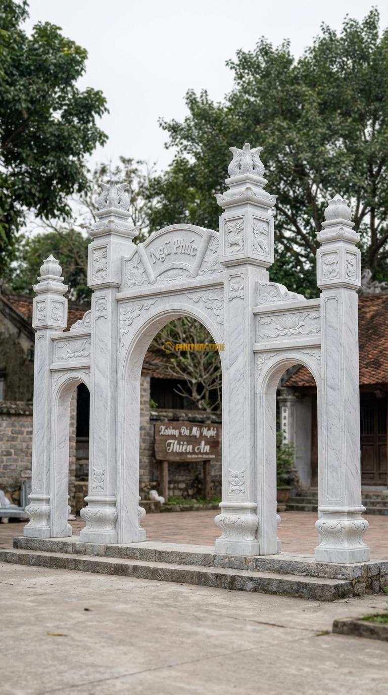 Cổng Tam Quan Đá Trắng Yên Bái Cổng Vòm Cuốn: Cửa giữa hình vòm cung, trán cổng chạm “Ngũ Phúc”. Chân tảng 45x45cm; Rộng lọt sáng 2m55