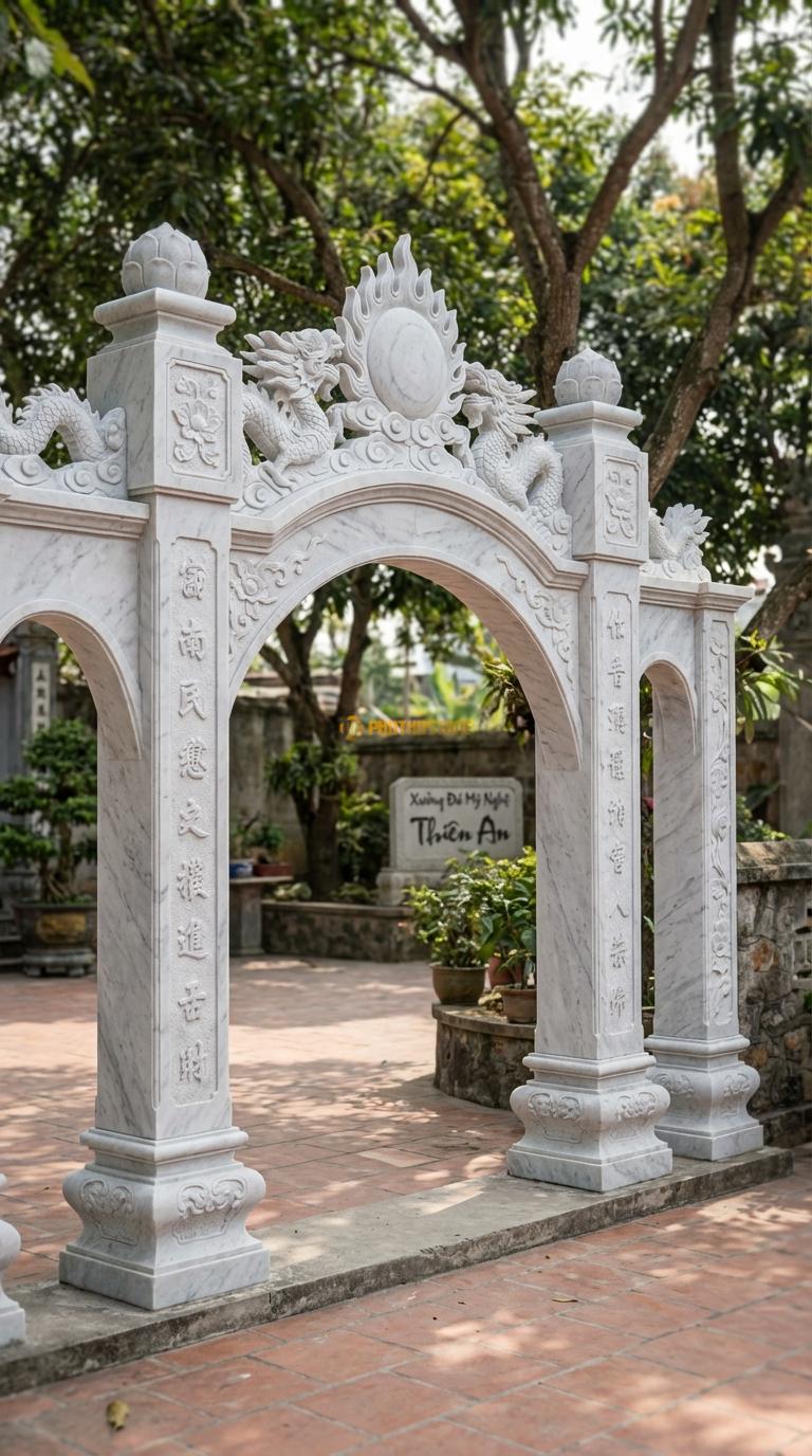 Cổng Tam Quan Đá Trắng Yên Bái Lưỡng Long Chầu Nguyệt: Đỉnh mái đặt mặt nguyệt lửa, đầu đao mây. Cột chính vuông 35cm; Rộng phủ bì 4m15