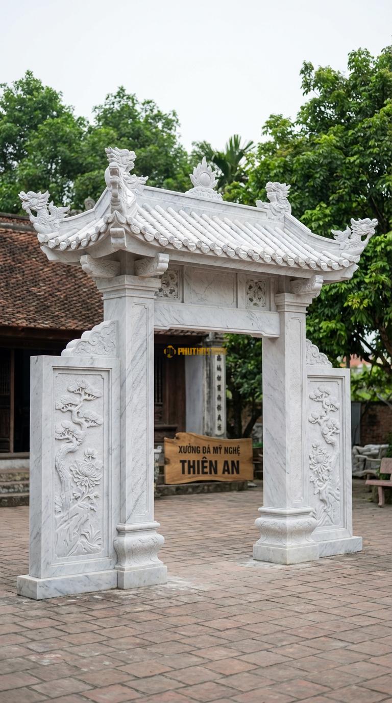 Cổng Tam Quan Đá Trắng Yên Bái Mái Chùa Cổ: Ngói ống, đao rồng kìm nóc. Vách chạm Tùng – Cúc. Cột chính vuông 30cm; Rộng phủ bì 3m22