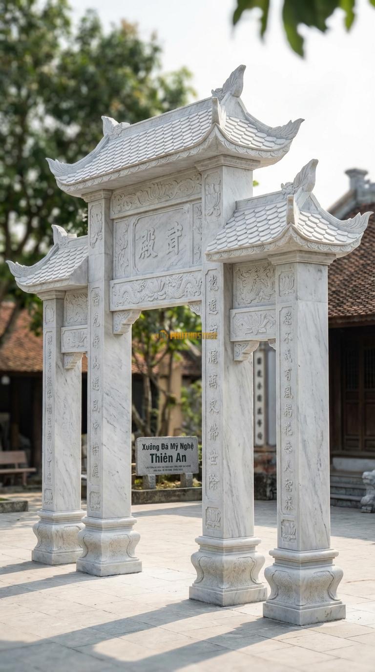 Cổng Tam Quan Đá Trắng Yên Bái Mái Đao Lá: Mái giả ngói vảy cá, đầu đao cách điệu lá lan (nhẹ nhàng). Cột chính vuông 25cm; Rộng phủ bì 2m83