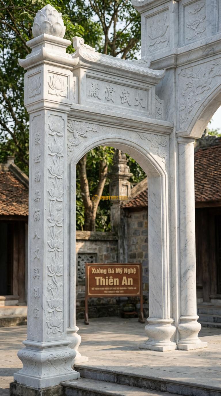 Cổng Tam Quan Đá Trắng Yên Bái Sen Hóa: Họa tiết dây sen mềm mại chạy dọc cột, phù hợp cổng chùa. Cột tròn đường kính 35cm; Rộng phủ bì 3m68