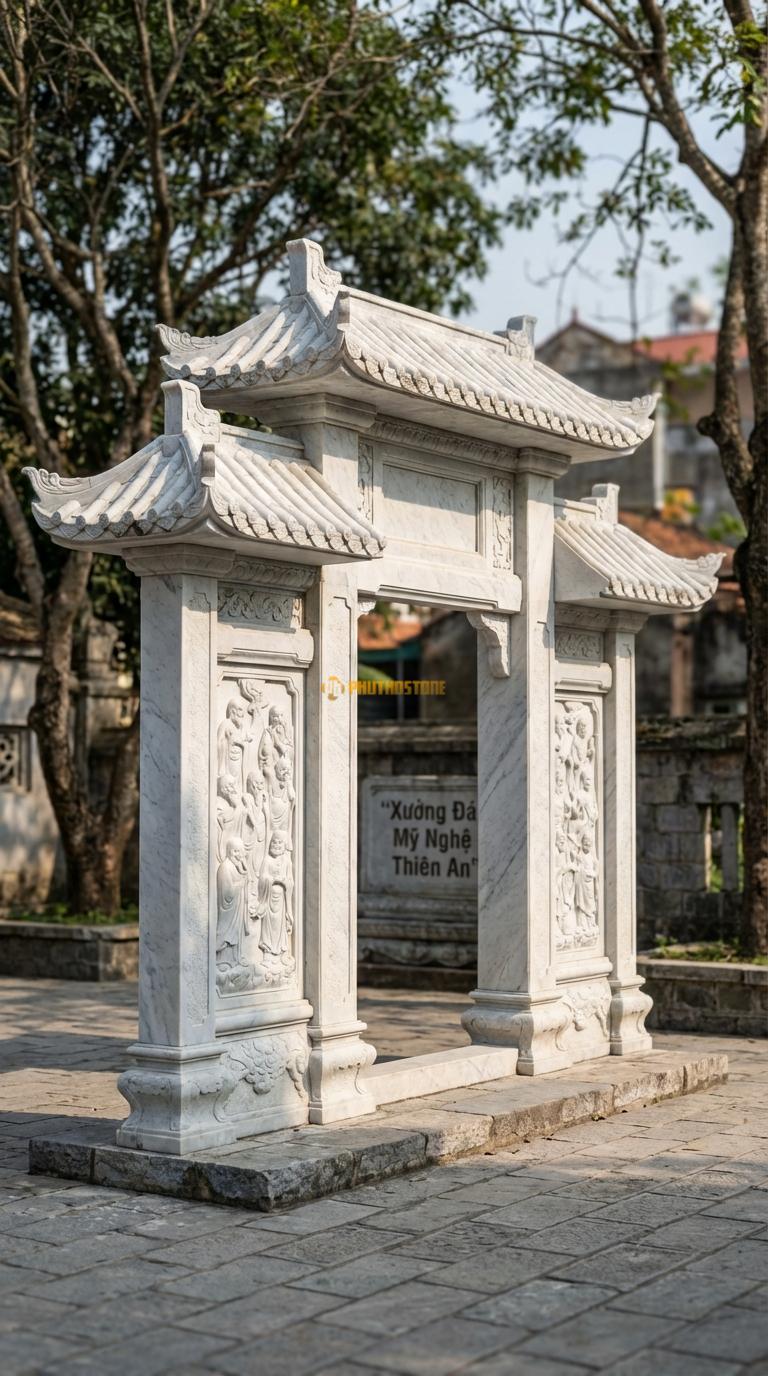 Cổng Tam Quan Đá Trắng Yên Bái Thập Bát La Hán: Vách cổng chạm tích La Hán, mái ngói âm dương dày. Cột chính vuông 50cm; Rộng phủ bì 6m2