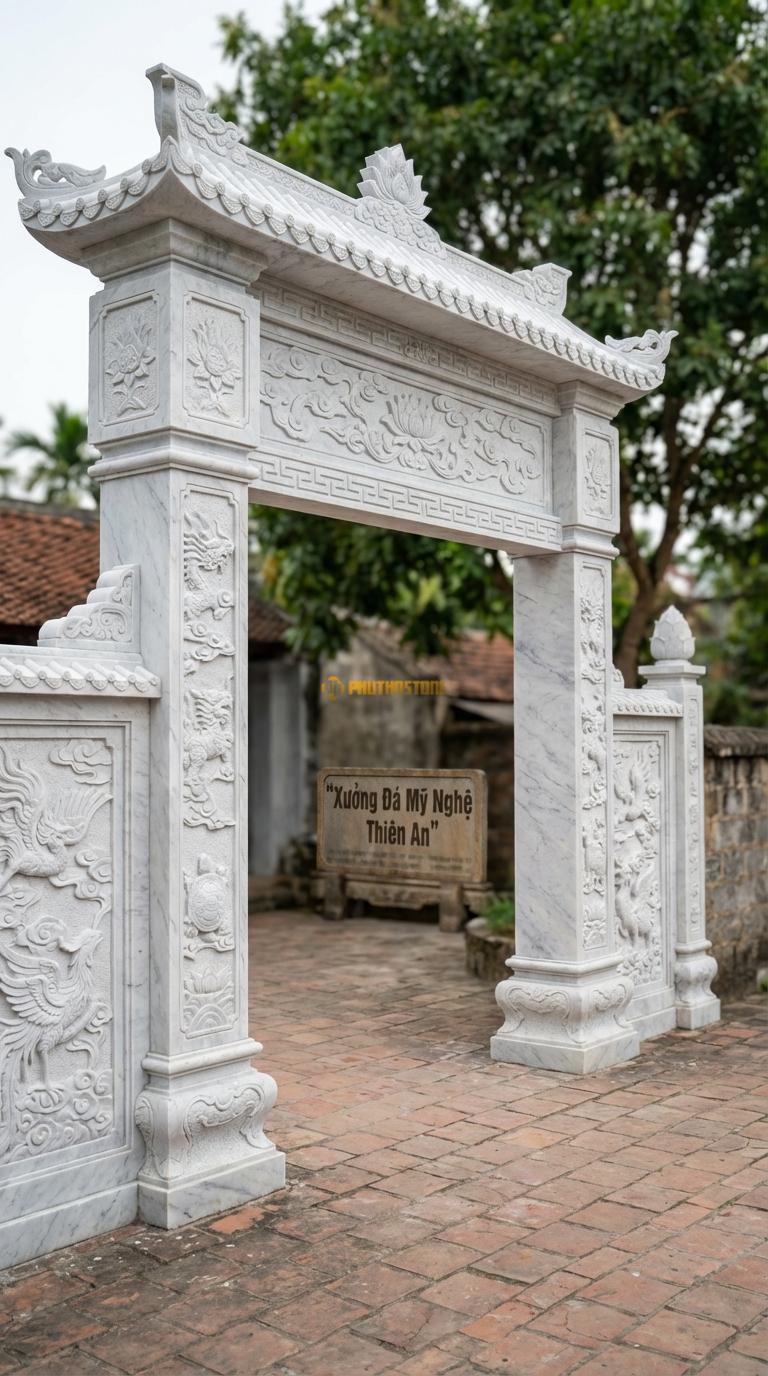 Cổng Tam Quan Đá Trắng Yên Bái Tứ Linh (Long Lân Quy Phụng): Chạm khắc kỹ trên 4 mặt cột và vách. Cột chính vuông 40cm; Rộng phủ bì 5m30