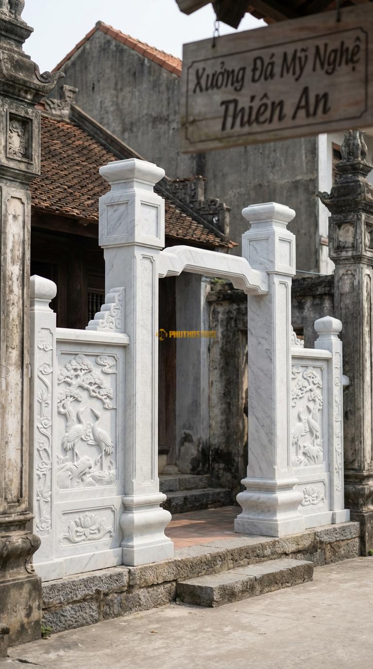 Cổng Tam Quan Đá Trắng Yên Bái Tùng Hạc Diên Niên: Vách cổng chạm hạc dưới gốc tùng. Cột chính vuông 32cm; Rộng phủ bì 3m42