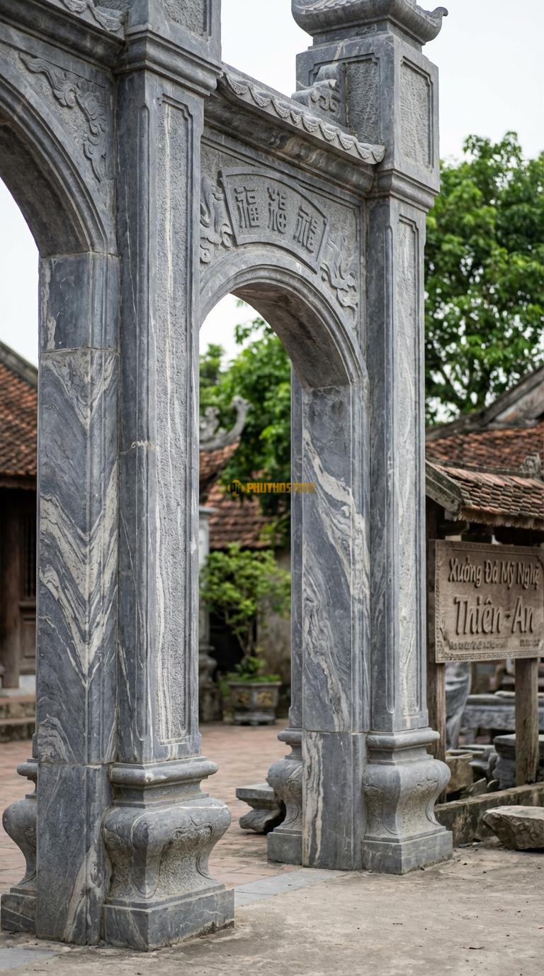 Cổng Tam Quan Đá Vân Mây Cổng Vòm Cuốn: Cửa giữa hình vòm cung, trán cổng chạm “Ngũ Phúc”. Chân tảng 45x45cm; Rộng lọt sáng 2m55
