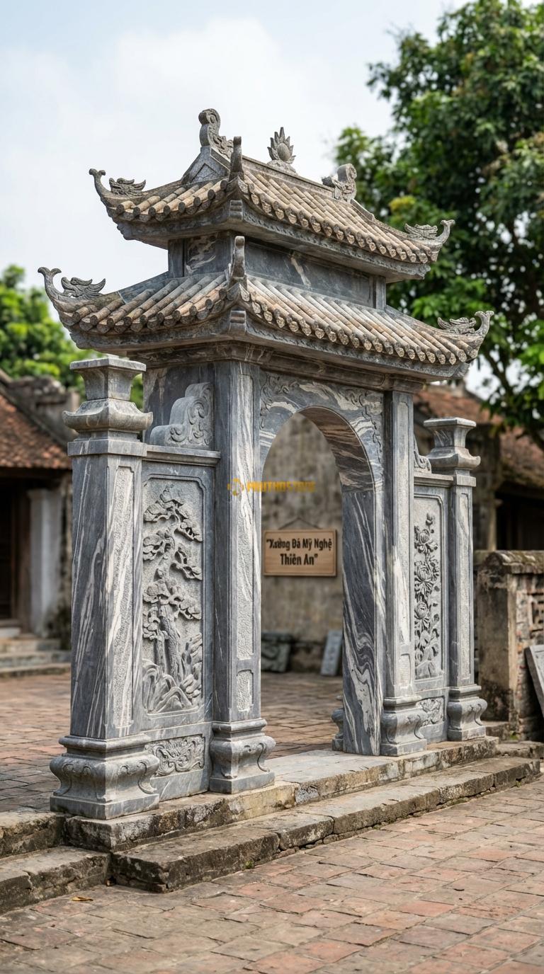 Cổng Tam Quan Đá Vân Mây Mái Chùa Cổ: Ngói ống, đao rồng kìm nóc. Vách chạm Tùng – Cúc. Cột chính vuông 30cm; Rộng phủ bì 3m22