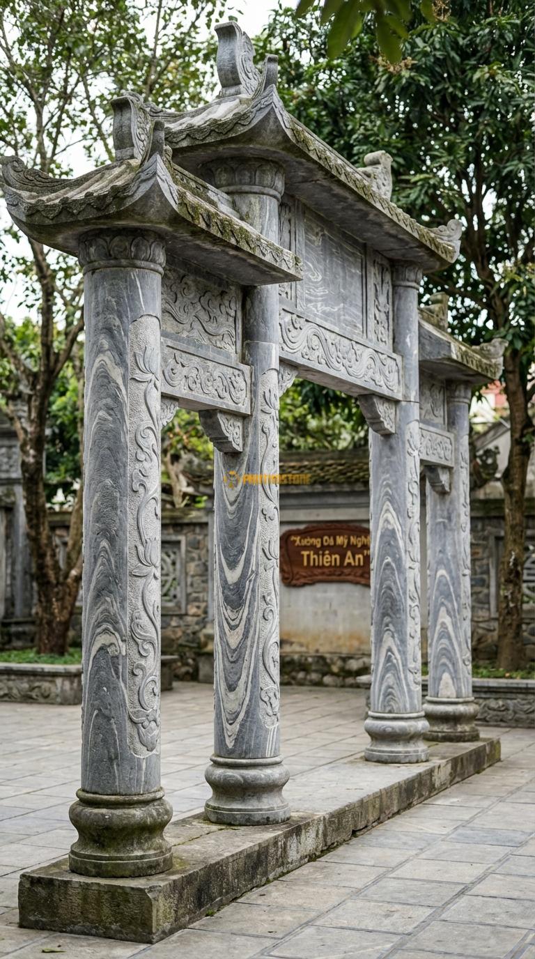 Cổng Tam Quan Đá Vân Mây Sen Hóa: Họa tiết dây sen mềm mại chạy dọc cột, phù hợp cổng chùa. Cột tròn đường kính 35cm; Rộng phủ bì 3m68