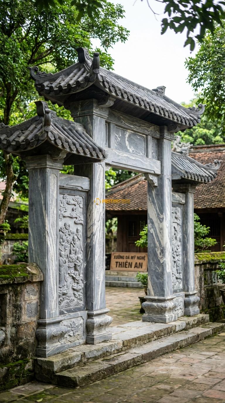 Cổng Tam Quan Đá Vân Mây Thập Bát La Hán: Vách cổng chạm tích La Hán, mái ngói âm dương dày. Cột chính vuông 50cm; Rộng phủ bì 6m2