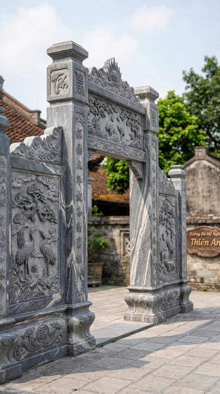 Cổng Tam Quan Đá Vân Mây Tùng Hạc Diên Niên: Vách cổng chạm hạc dưới gốc tùng. Cột chính vuông 32cm; Rộng phủ bì 3m42