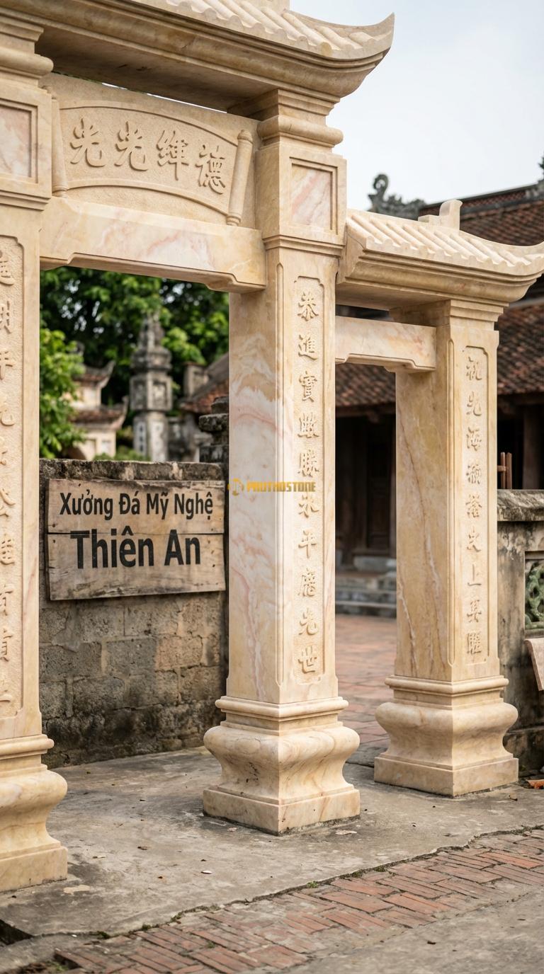 Cổng Tam Quan Đá Vàng Nghệ An Câu Đối Chữ Hán: Cột chạm câu đối, trán cổng chạm cuốn thư “Đức Lưu Quang”. Cột chính vuông 30cm; Cao tổng thể 3m6