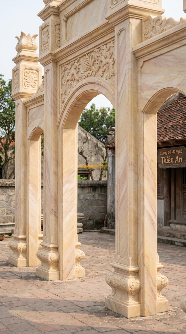 Cổng Tam Quan Đá Vàng Nghệ An Cổng Vòm Cuốn: Cửa giữa hình vòm cung, trán cổng chạm “Ngũ Phúc”. Chân tảng 45x45cm; Rộng lọt sáng 2m55