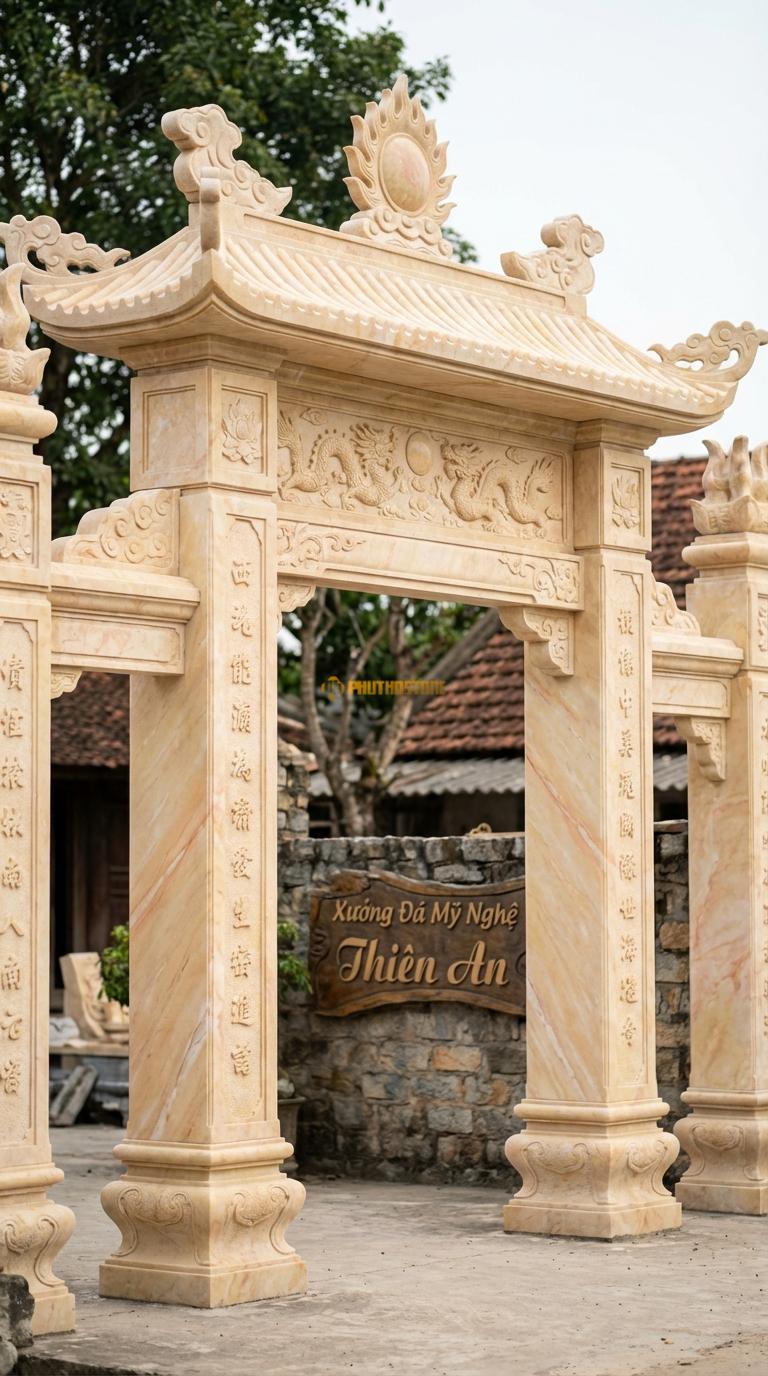 Cổng Tam Quan Đá Vàng Nghệ An Lưỡng Long Chầu Nguyệt: Đỉnh mái đặt mặt nguyệt lửa, đầu đao mây. Cột chính vuông 35cm; Rộng phủ bì 4m15