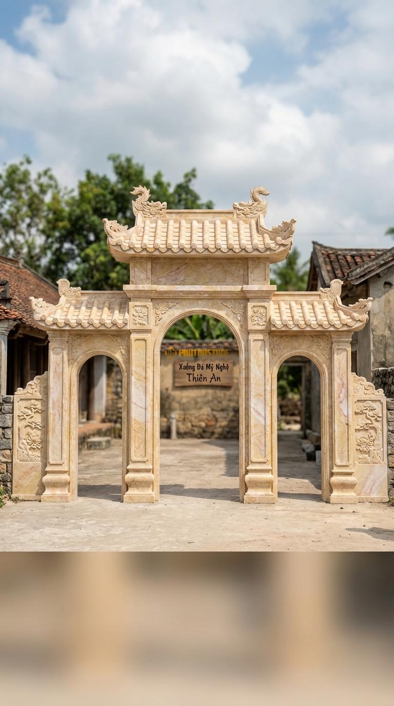 Cổng Tam Quan Đá Vàng Nghệ An Mái Chùa Cổ: Ngói ống, đao rồng kìm nóc. Vách chạm Tùng – Cúc. Cột chính vuông 30cm; Rộng phủ bì 3m22