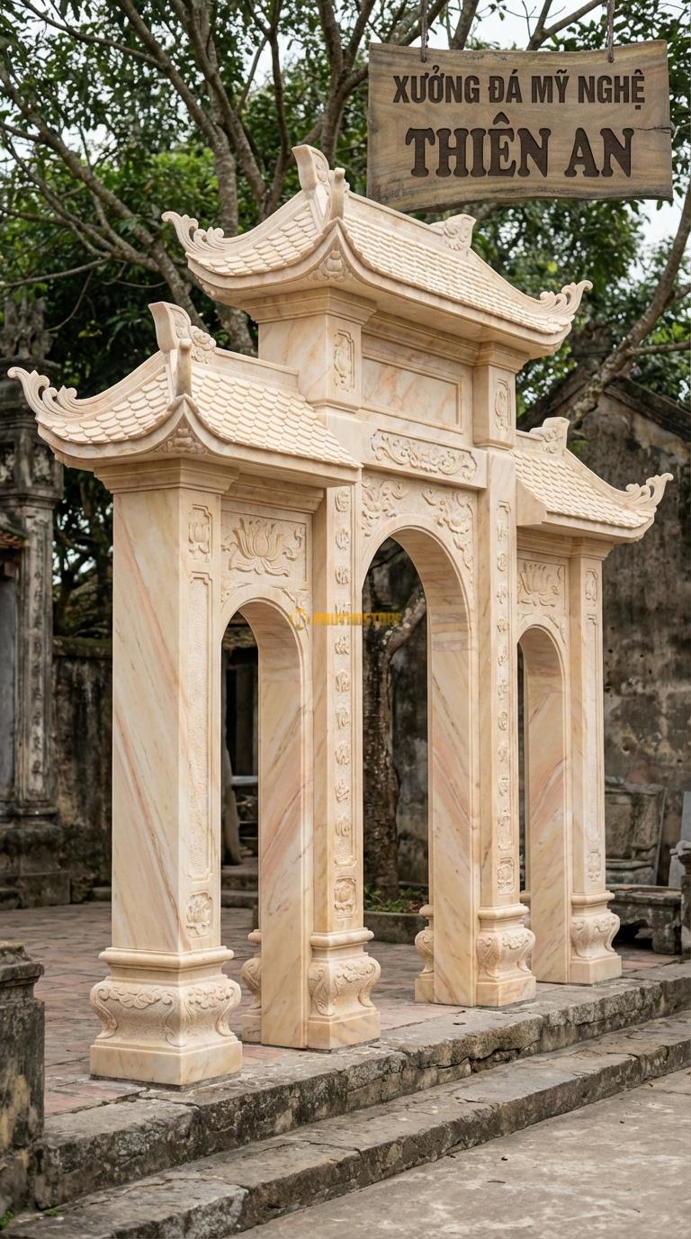 Cổng Tam Quan Đá Vàng Nghệ An Mái Đao Lá: Mái giả ngói vảy cá, đầu đao cách điệu lá lan (nhẹ nhàng). Cột chính vuông 25cm; Rộng phủ bì 2m83
