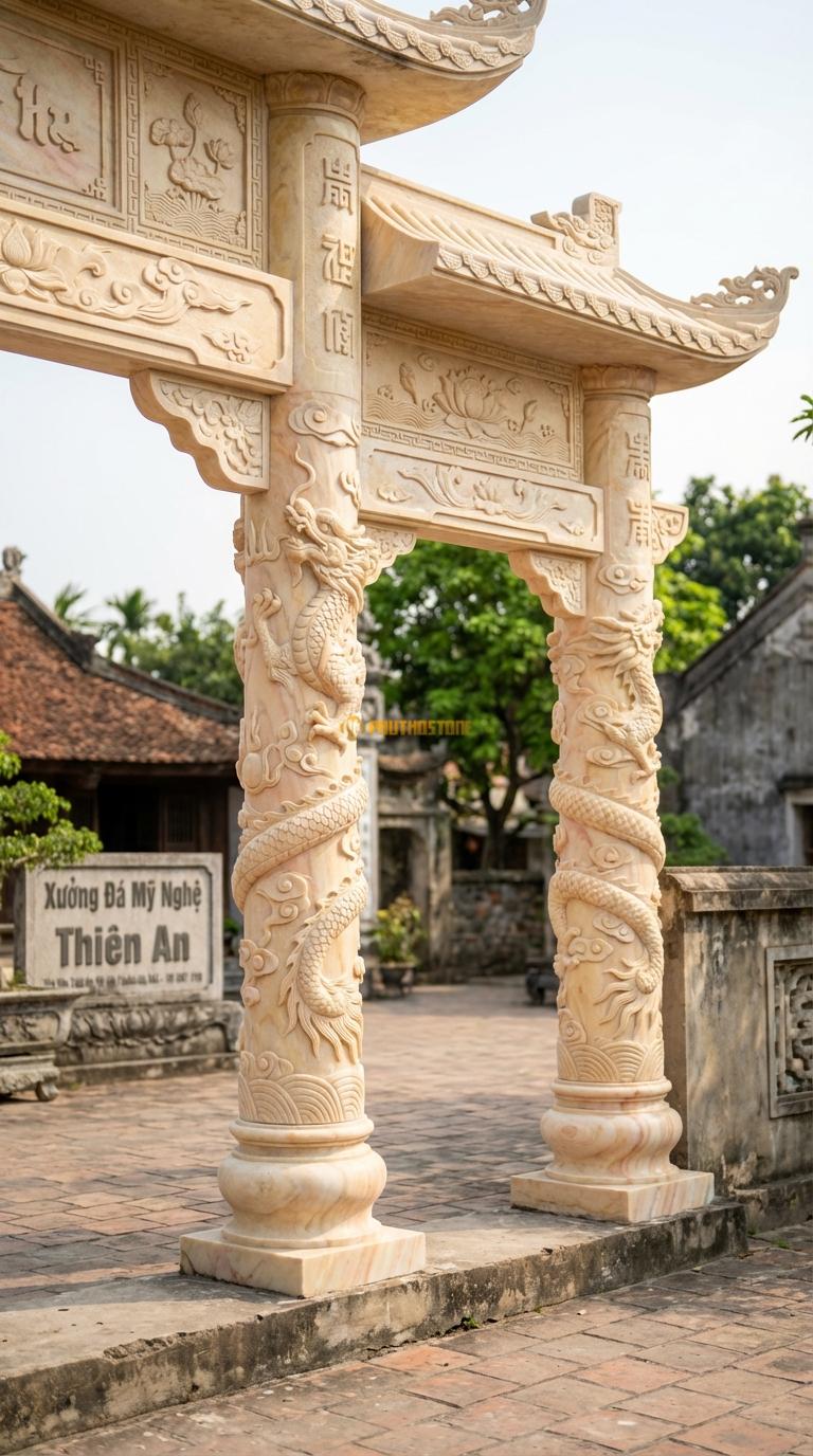 Cổng Tam Quan Đá Vàng Nghệ An Rồng Cuộn (Long Cuốn Thủy): Cột tròn chạm rồng quấn nổi 5cm. Cột tròn đường kính 40cm; Cao tổng thể 4m8