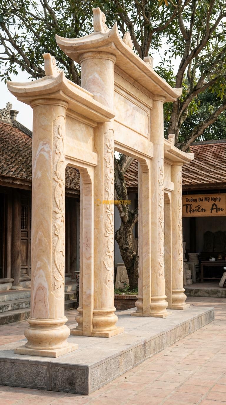 Cổng Tam Quan Đá Vàng Nghệ An Sen Hóa: Họa tiết dây sen mềm mại chạy dọc cột, phù hợp cổng chùa. Cột tròn đường kính 35cm; Rộng phủ bì 3m68
