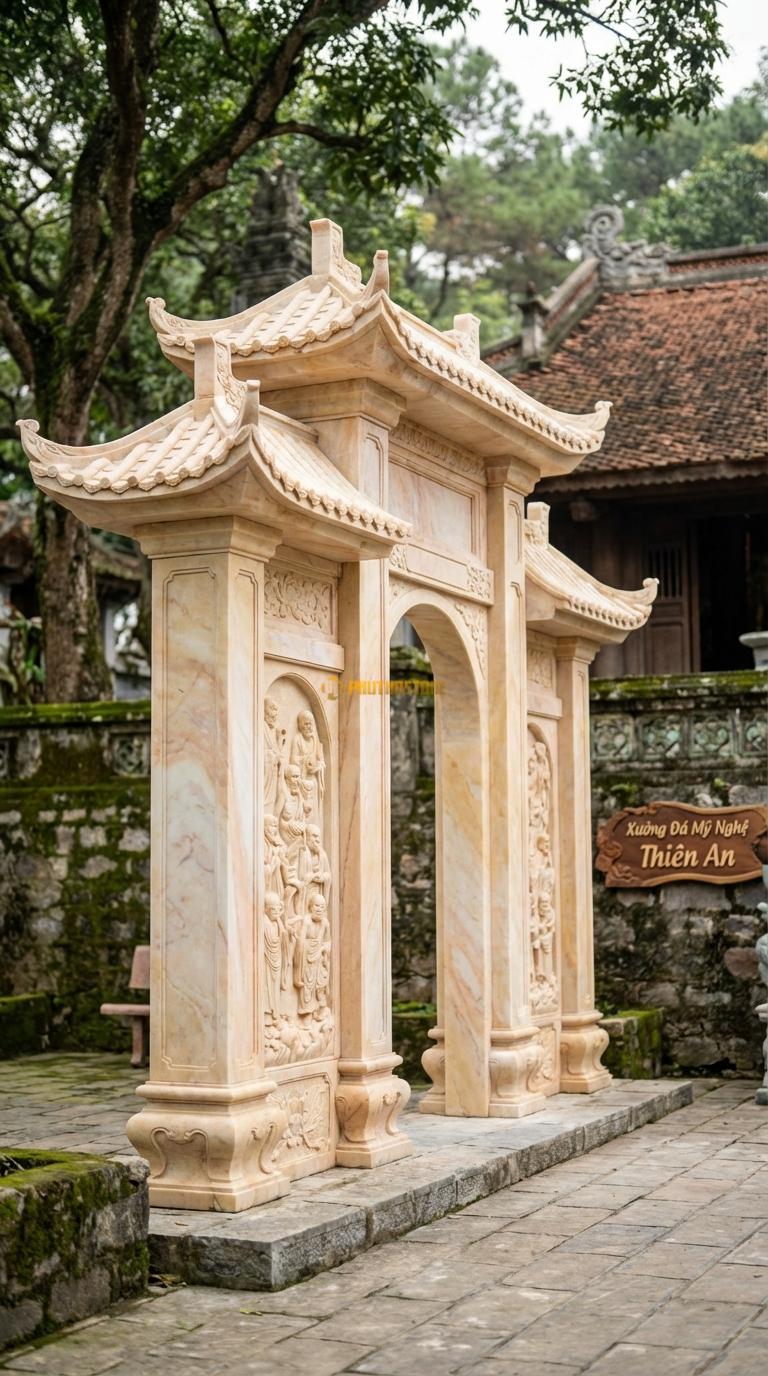 Cổng Tam Quan Đá Vàng Nghệ An Thập Bát La Hán: Vách cổng chạm tích La Hán, mái ngói âm dương dày. Cột chính vuông 50cm; Rộng phủ bì 6m2