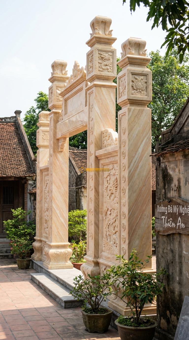 Cổng Tam Quan Đá Vàng Nghệ An Tứ Linh (Long Lân Quy Phụng): Chạm khắc kỹ trên 4 mặt cột và vách. Cột chính vuông 40cm; Rộng phủ bì 5m30