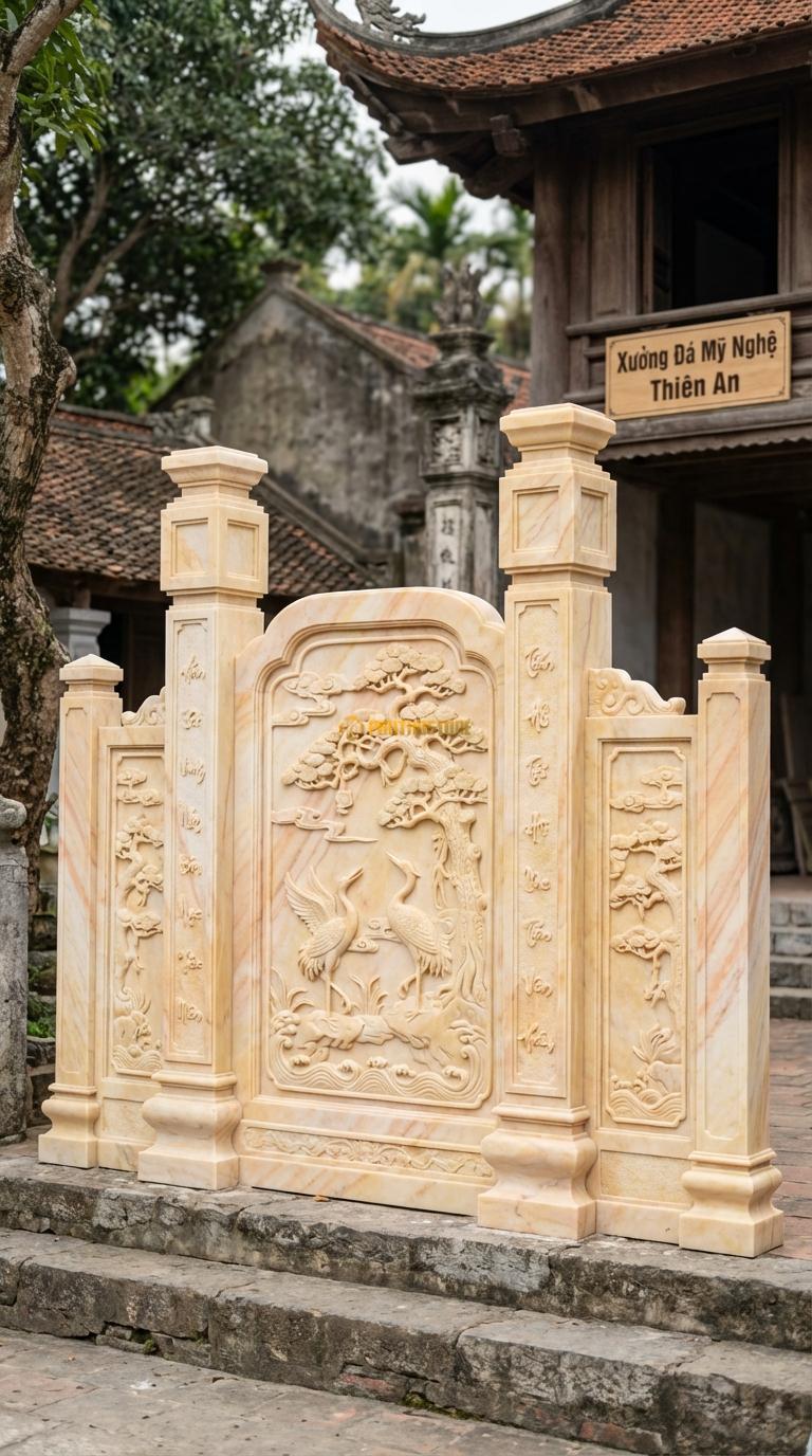 Cổng Tam Quan Đá Vàng Nghệ An Tùng Hạc Diên Niên: Vách cổng chạm hạc dưới gốc tùng. Cột chính vuông 32cm; Rộng phủ bì 3m42