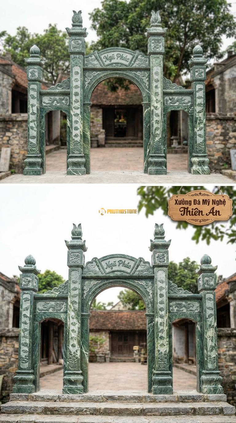 Cổng Tam Quan Đá Xanh Ấn Cổng Vòm Cuốn: Cửa giữa hình vòm cung, trán cổng chạm “Ngũ Phúc”. Chân tảng 45x45cm; Rộng lọt sáng 2m55