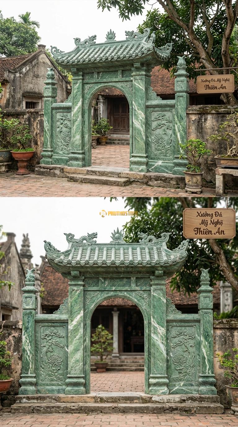 Cổng Tam Quan Đá Xanh Ấn Mái Chùa Cổ: Ngói ống, đao rồng kìm nóc. Vách chạm Tùng – Cúc. Cột chính vuông 30cm; Rộng phủ bì 3m22
