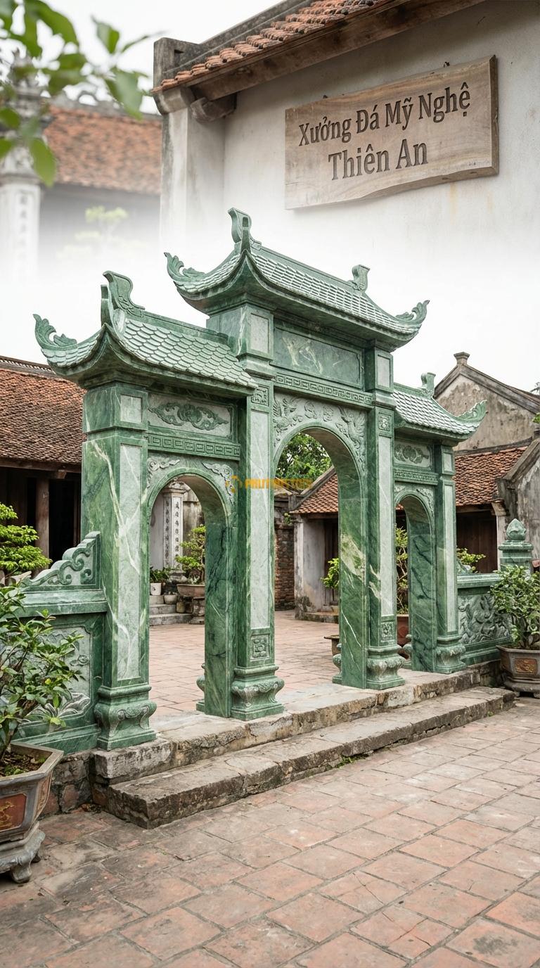 Cổng Tam Quan Đá Xanh Ấn Mái Đao Lá: Mái giả ngói vảy cá, đầu đao cách điệu lá lan (nhẹ nhàng). Cột chính vuông 25cm; Rộng phủ bì 2m83