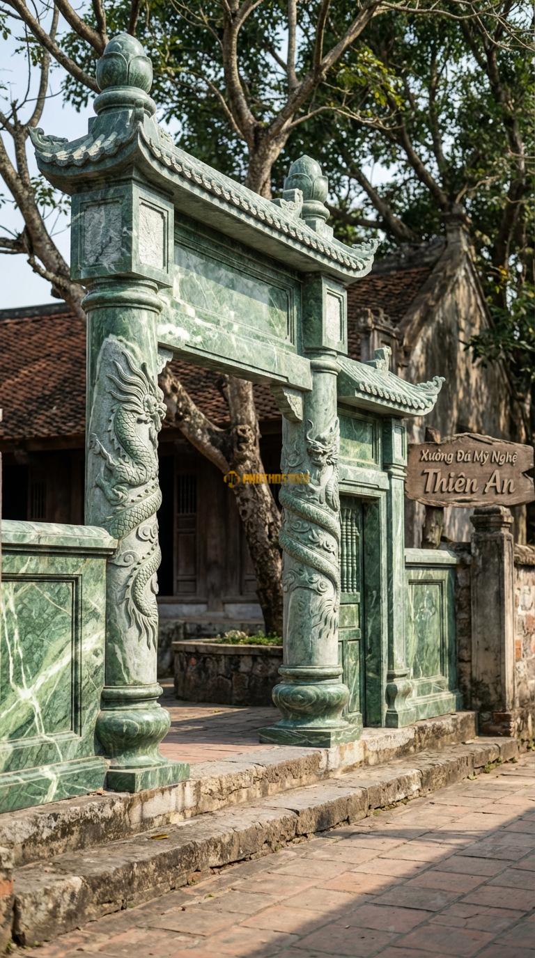 Cổng Tam Quan Đá Xanh Ấn Rồng Cuộn (Long Cuốn Thủy): Cột tròn chạm rồng quấn nổi 5cm. Cột tròn đường kính 40cm; Cao tổng thể 4m8