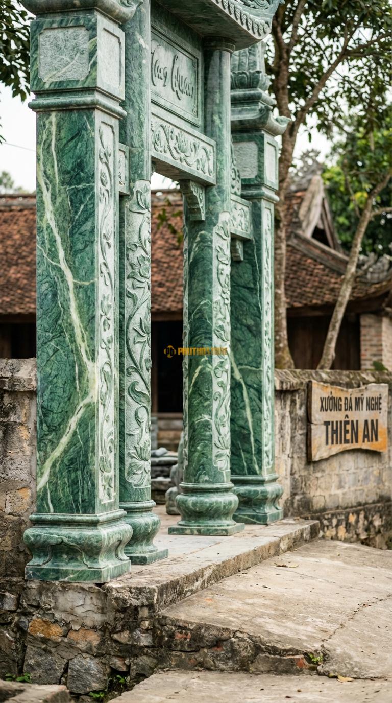 Cổng Tam Quan Đá Xanh Ấn Sen Hóa: Họa tiết dây sen mềm mại chạy dọc cột, phù hợp cổng chùa. Cột tròn đường kính 35cm; Rộng phủ bì 3m68
