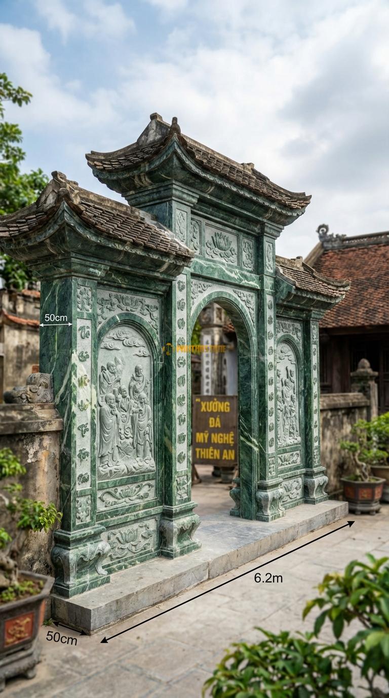 Cổng Tam Quan Đá Xanh Ấn Thập Bát La Hán: Vách cổng chạm tích La Hán, mái ngói âm dương dày. Cột chính vuông 50cm; Rộng phủ bì 6m2