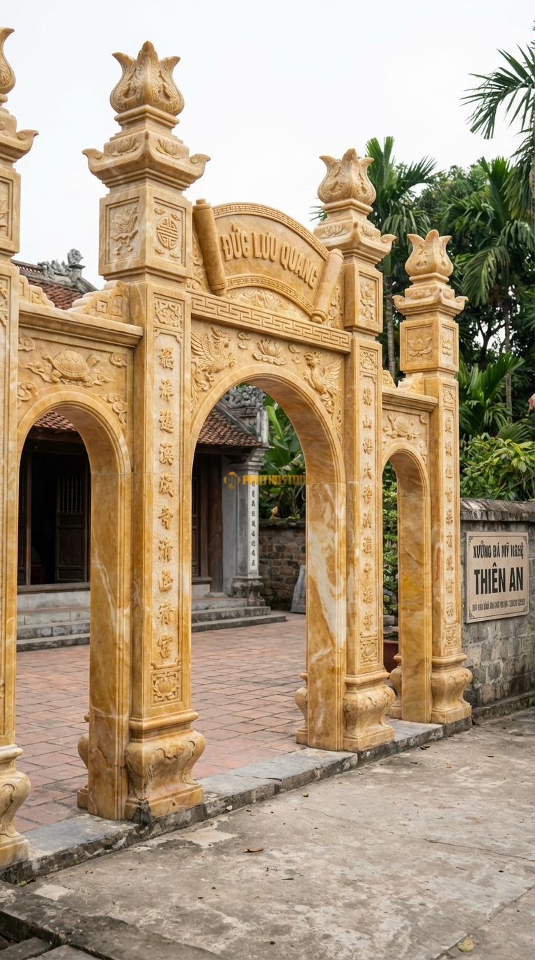Cổng Tam Quan Ngọc hoàng long Câu Đối Chữ Hán: Cột chạm câu đối, trán cổng chạm cuốn thư “Đức Lưu Quang”. Cột chính vuông 30cm; Cao tổng thể 3m6