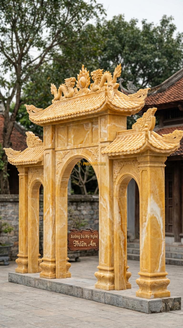Cổng Tam Quan Ngọc hoàng long Lưỡng Long Chầu Nguyệt: Đỉnh mái đặt mặt nguyệt lửa, đầu đao mây. Cột chính vuông 35cm; Rộng phủ bì 4m15