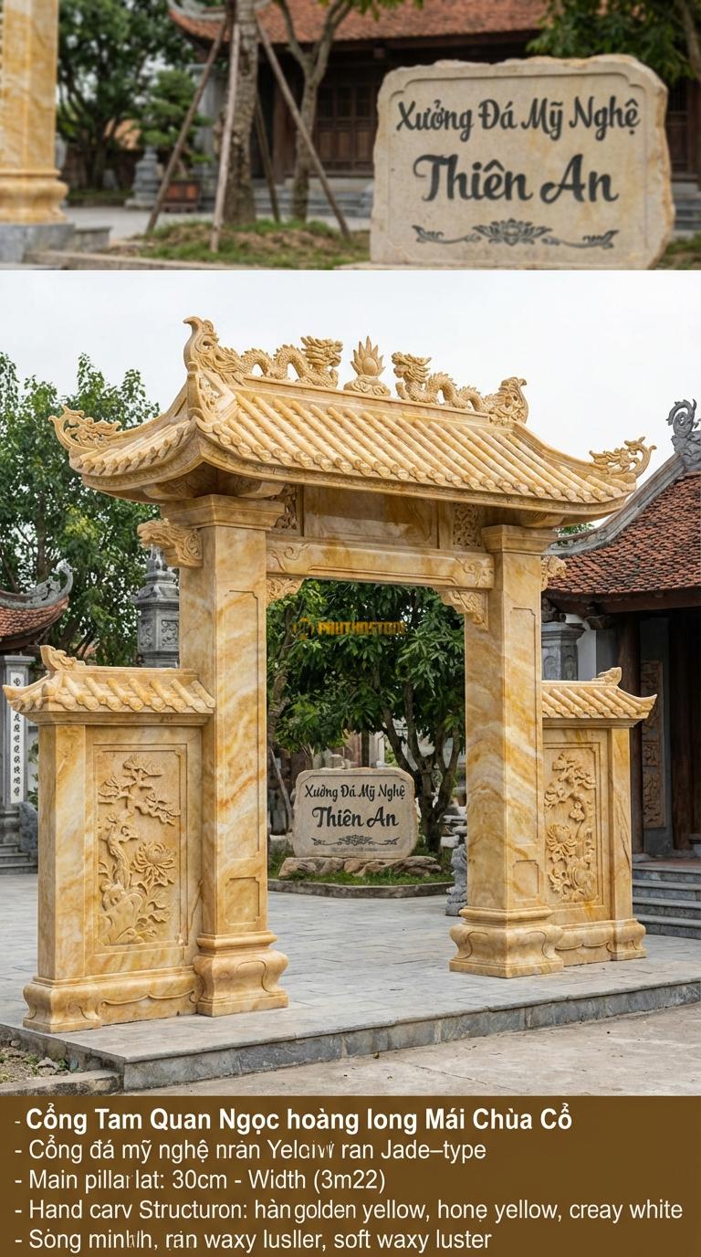 Cổng Tam Quan Ngọc hoàng long Mái Chùa Cổ: Ngói ống, đao rồng kìm nóc. Vách chạm Tùng – Cúc. Cột chính vuông 30cm; Rộng phủ bì 3m22