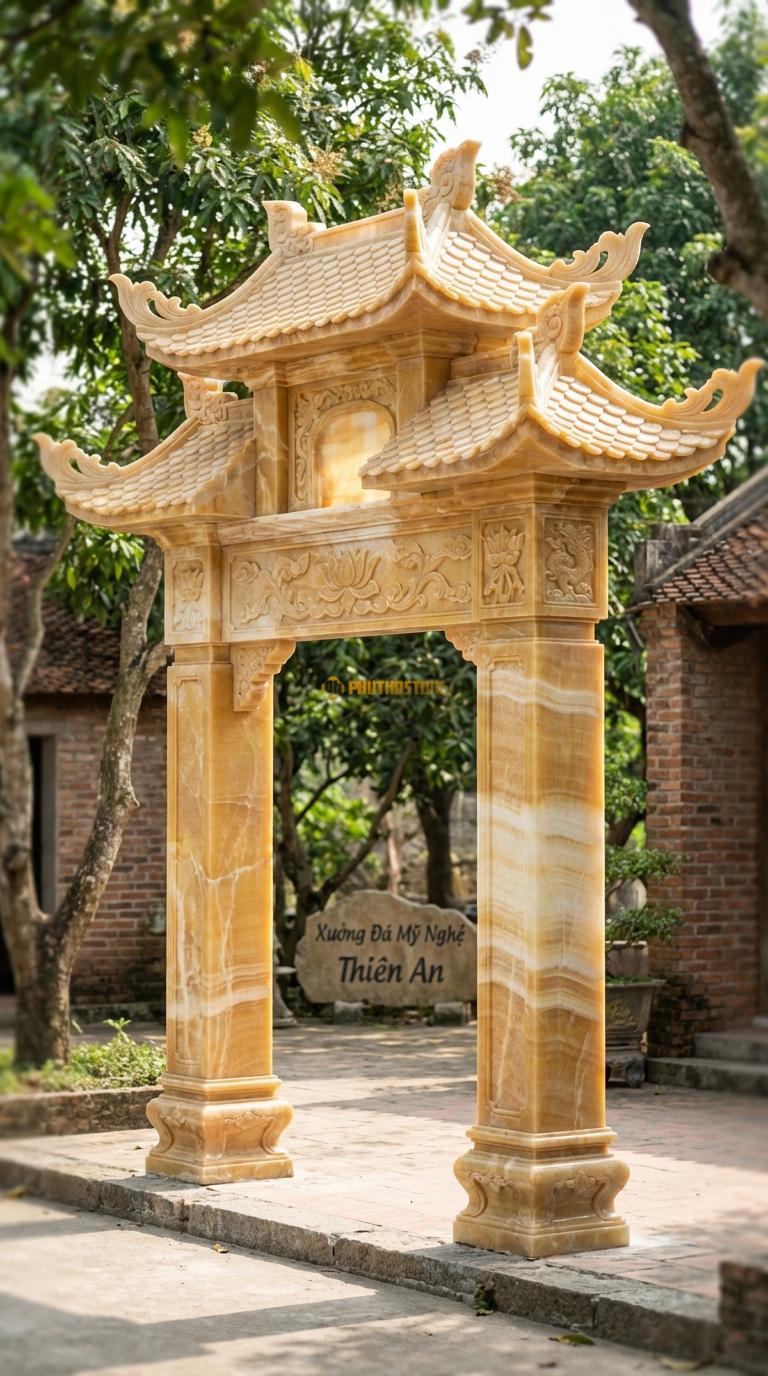 Cổng Tam Quan Ngọc hoàng long Mái Đao Lá: Mái giả ngói vảy cá, đầu đao cách điệu lá lan (nhẹ nhàng). Cột chính vuông 25cm; Rộng phủ bì 2m83