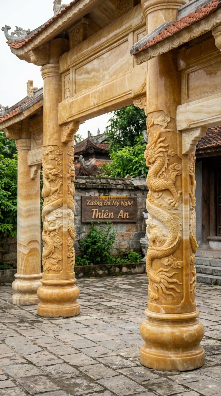 Cổng Tam Quan Ngọc hoàng long Rồng Cuộn (Long Cuốn Thủy): Cột tròn chạm rồng quấn nổi 5cm. Cột tròn đường kính 40cm; Cao tổng thể 4m8