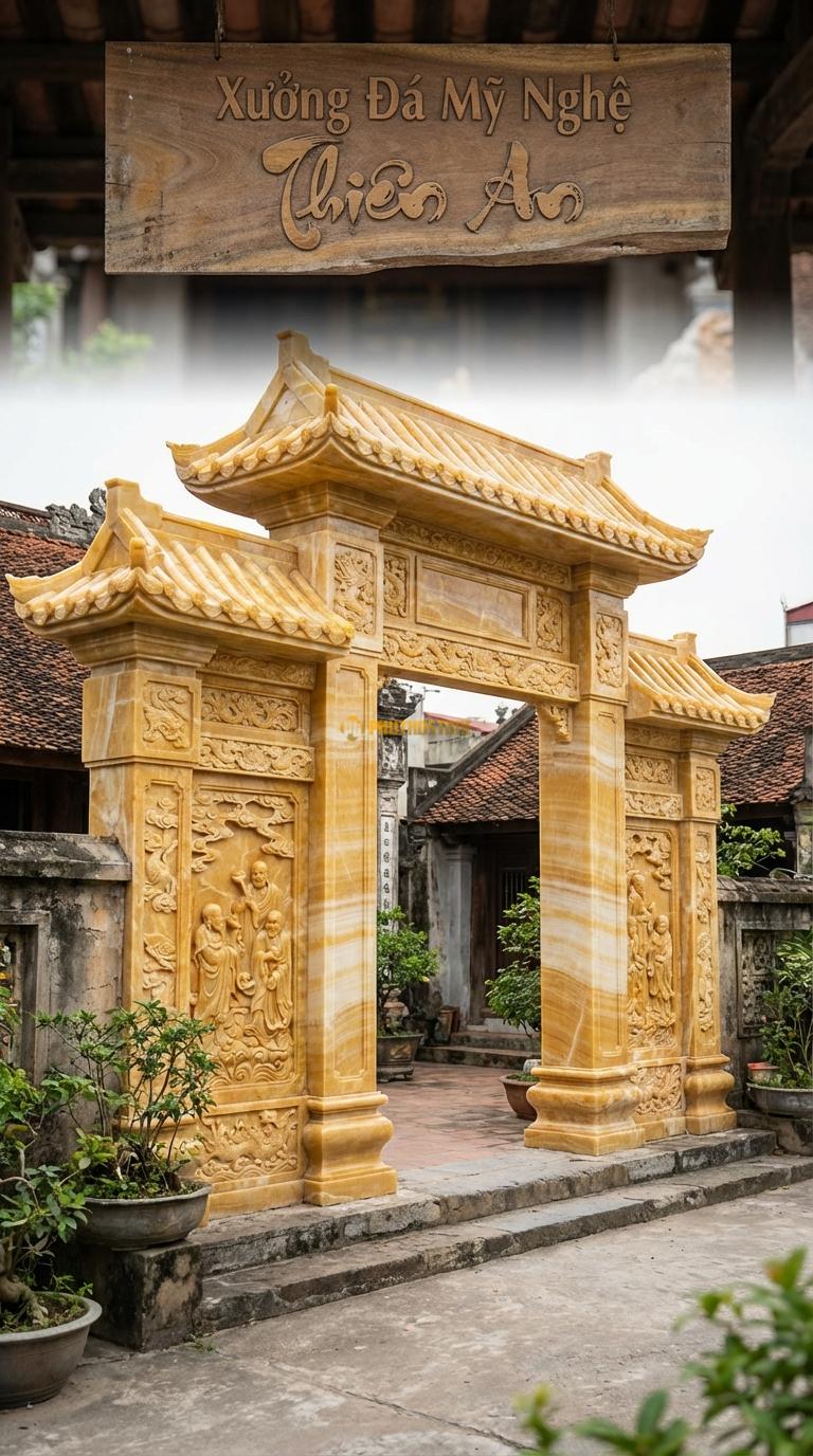 Cổng Tam Quan Ngọc hoàng long Thập Bát La Hán: Vách cổng chạm tích La Hán, mái ngói âm dương dày. Cột chính vuông 50cm; Rộng phủ bì 6m2