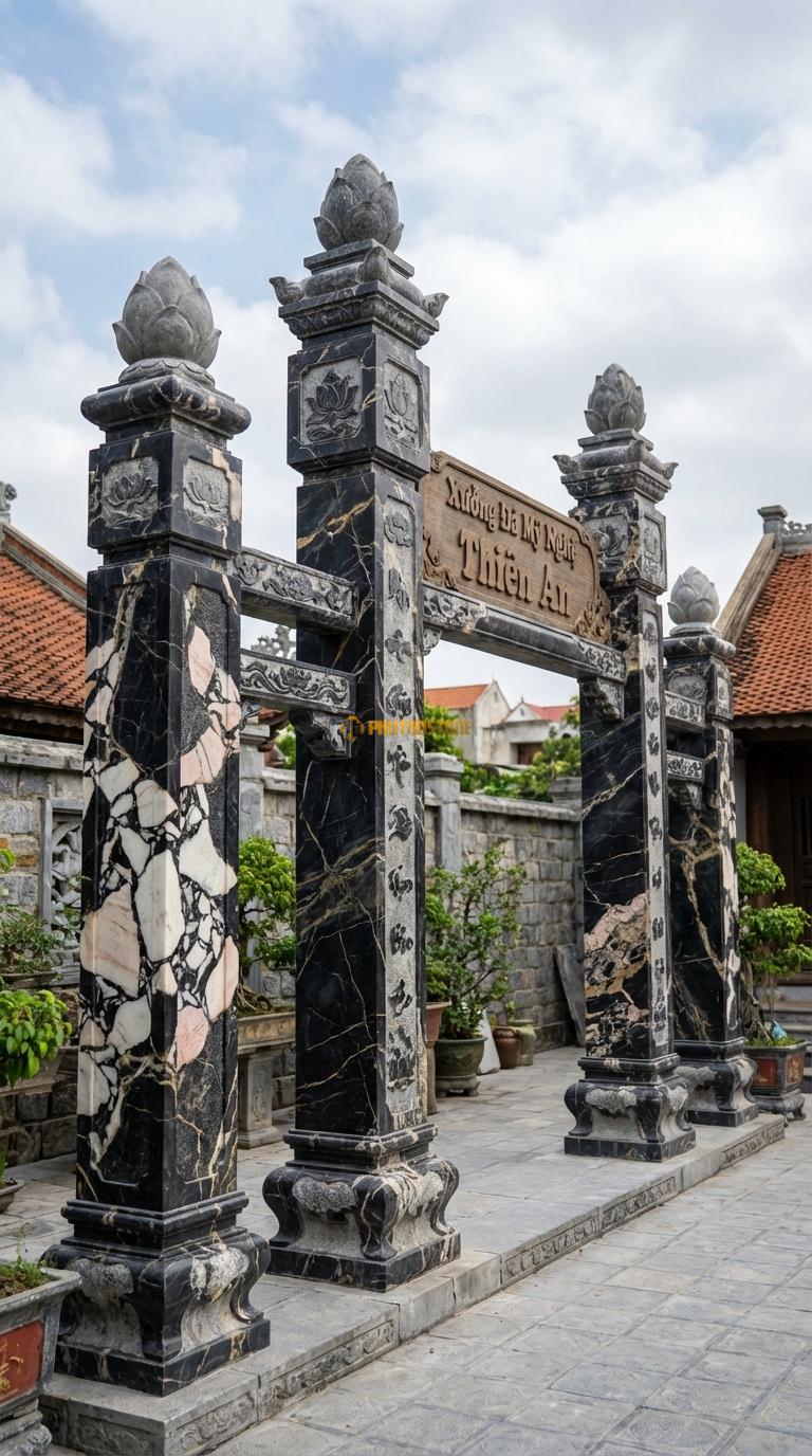 Cổng Tứ Trụ Đá Da Báo Búp Sen: Đỉnh 4 cột là 4 búp sen đá (dành cho kiến trúc Phật giáo/thanh tịnh). Cột chính vuông 28cm; Cao cột chính 4m1