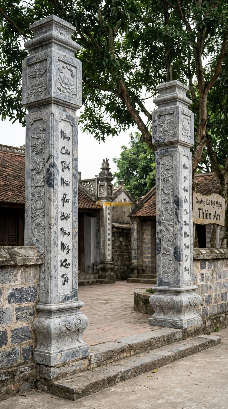 Cổng Tứ Trụ Đá Da Báo Câu Đối Nôm: Mặt tiền cột chạm câu đối chữ Nôm/Việt thư pháp. Cột chính vuông 30cm; Cao cột chính 4m5