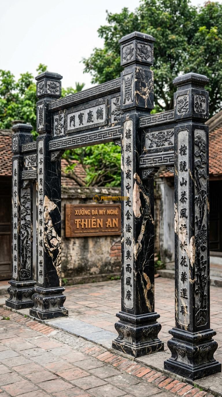 Cổng Tứ Trụ Đá Da Báo Tranh Tứ Quý: 4 mặt của trụ cột chạm Tùng – Cúc – Trúc – Mai. Cột chính vuông 25cm; Rộng phủ bì 4m2