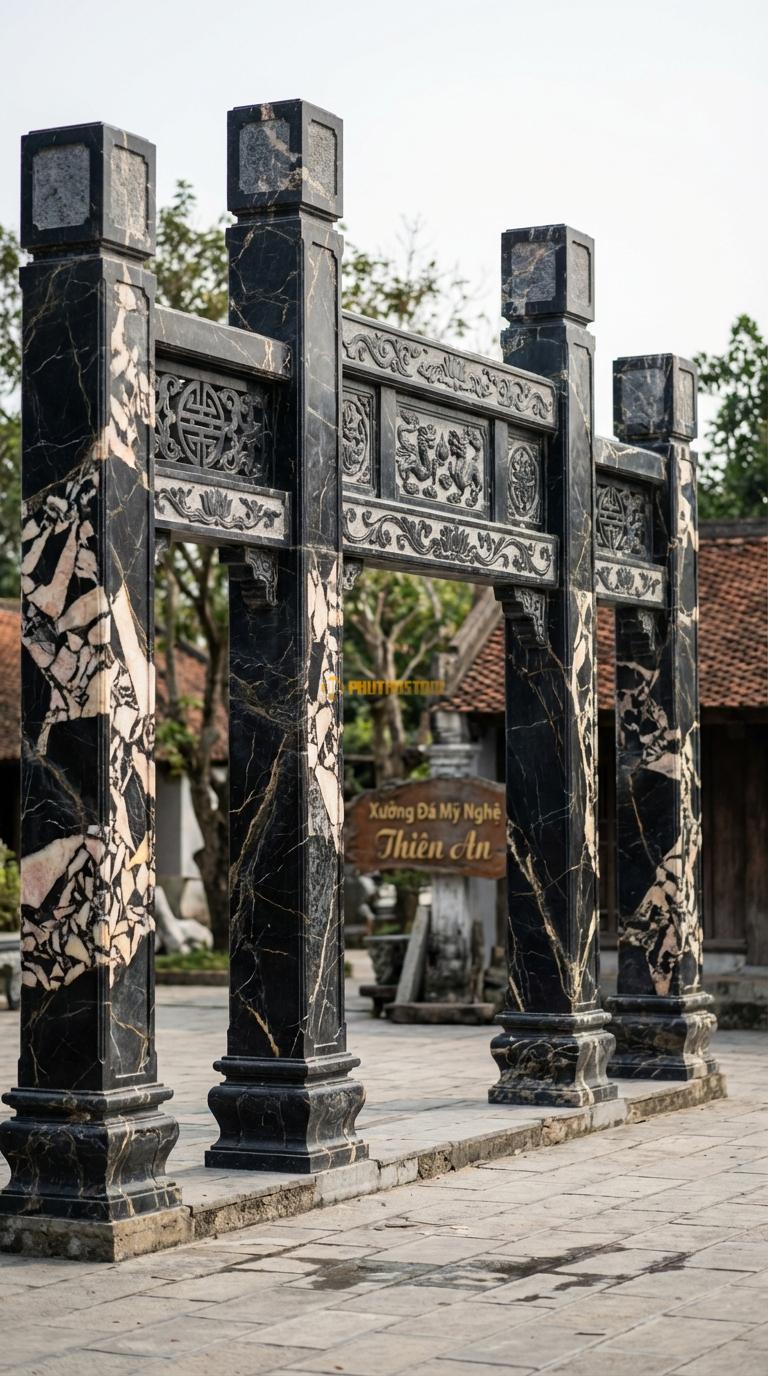 Cổng Tứ Trụ Đá Da Báo Vách Thông Phong: Xà nối giữa các cột chạm hoa văn chữ Thọ thủng (thông phong). Cột chính vuông 32cm; Rộng lối đi chính 2m8