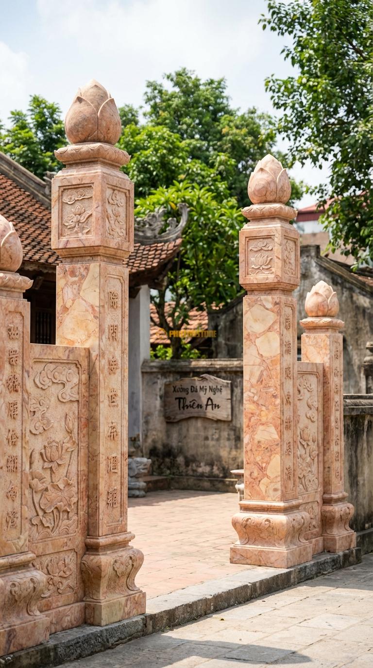 Cổng Tứ Trụ Đá Hồng Búp Sen: Đỉnh 4 cột là 4 búp sen đá (dành cho kiến trúc Phật giáo/thanh tịnh). Cột chính vuông 28cm; Cao cột chính 4m1