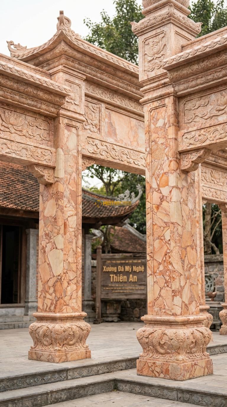 Cổng Tứ Trụ Đá Hồng Cá Chép Vượt Vũ Môn: Chạm khắc dưới chân tảng hoặc thân cột. Cột chính vuông 35cm; Rộng lối đi chính 3m5