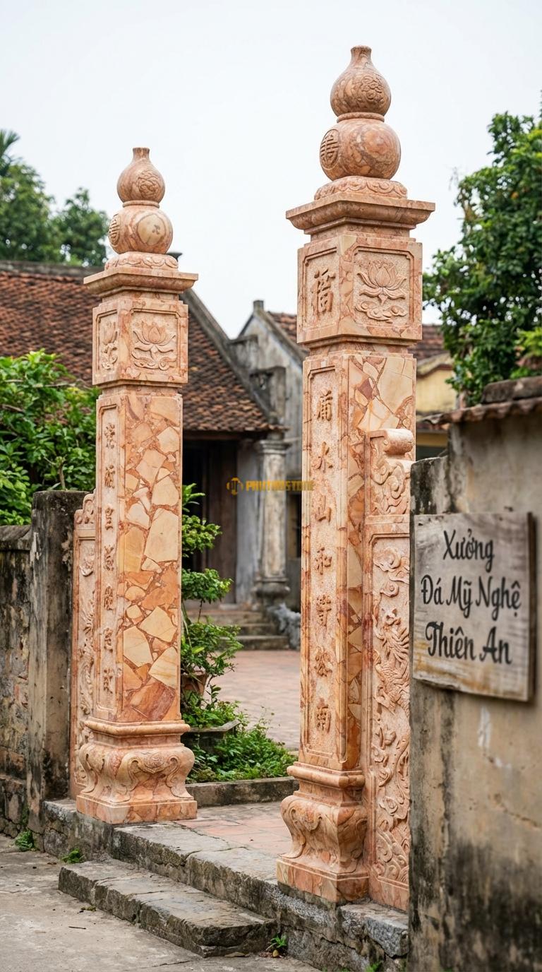 Cổng Tứ Trụ Đá Hồng Đỉnh Hồ Lô: Trên đỉnh cột đặt hồ lô đá (biểu tượng sức khỏe, phong thủy). Cột chính vuông 27cm; Cao cột chính 3m9