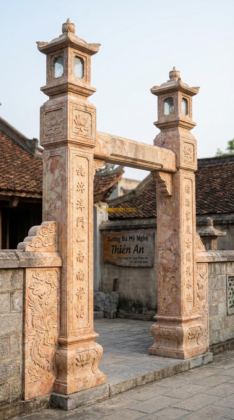 Cổng Tứ Trụ Đá Hồng Lồng Đèn: Đỉnh cột có ô lồng đèn lắp kính/đá để thắp sáng. Cột chính vuông 35cm; Rộng lối đi chính 3m2