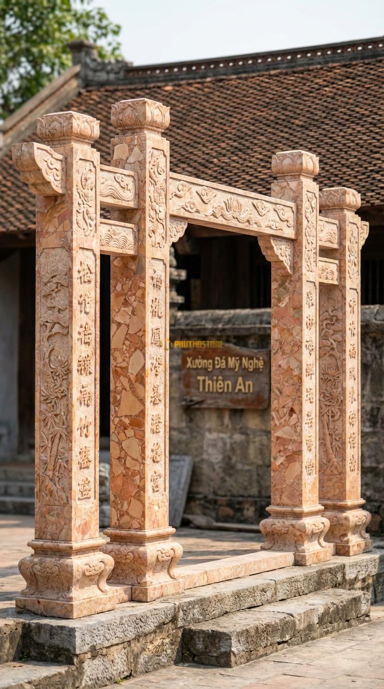 Cổng Tứ Trụ Đá Hồng Tranh Tứ Quý: 4 mặt của trụ cột chạm Tùng – Cúc – Trúc – Mai. Cột chính vuông 25cm; Rộng phủ bì 4m2