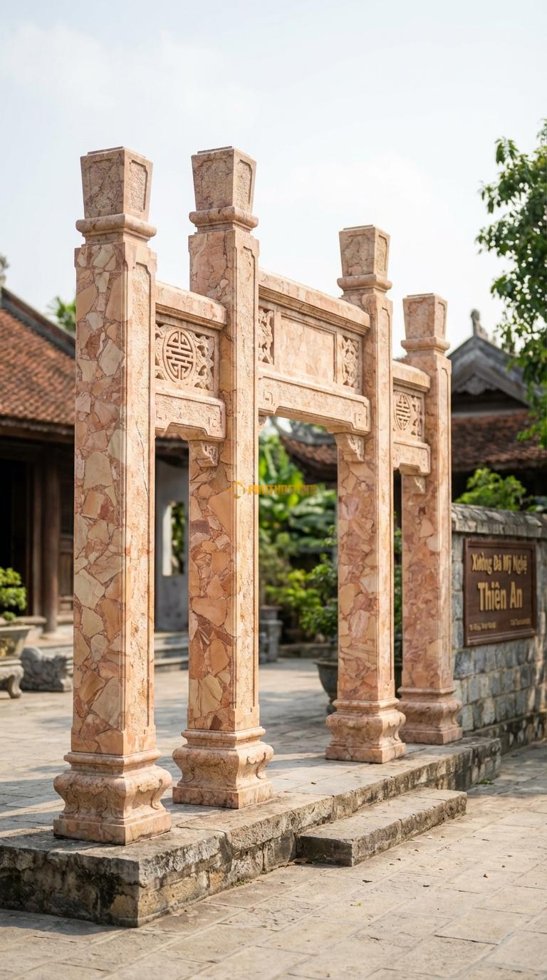 Cổng Tứ Trụ Đá Hồng Vách Thông Phong: Xà nối giữa các cột chạm hoa văn chữ Thọ thủng (thông phong). Cột chính vuông 32cm; Rộng lối đi chính 2m8