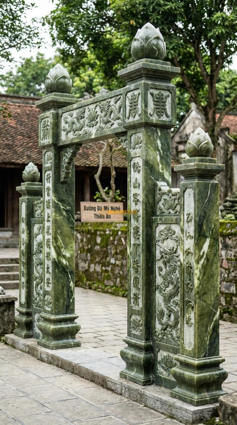 Cổng Tứ Trụ Đá Serpentine Búp Sen: Đỉnh 4 cột là 4 búp sen đá (dành cho kiến trúc Phật giáo/thanh tịnh). Cột chính vuông 28cm; Cao cột chính 4m1