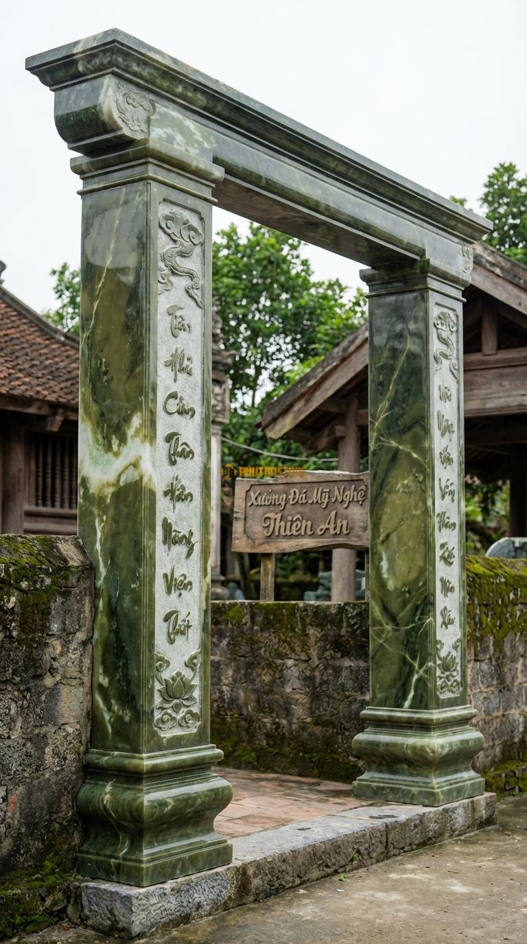 Cổng Tứ Trụ Đá Serpentine Câu Đối Nôm: Mặt tiền cột chạm câu đối chữ Nôm/Việt thư pháp. Cột chính vuông 30cm; Cao cột chính 4m5