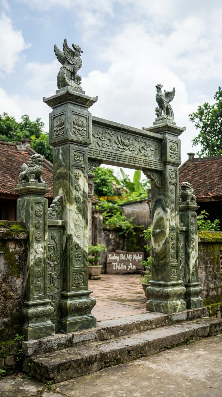 Cổng Tứ Trụ Đá Serpentine Đầu Phượng – Nghê: Đỉnh cột chính đặt Tứ Phượng, cột phụ đặt Nghê đá. Cột chính vuông 30cm, cao 5m2; Cột phụ 25cm