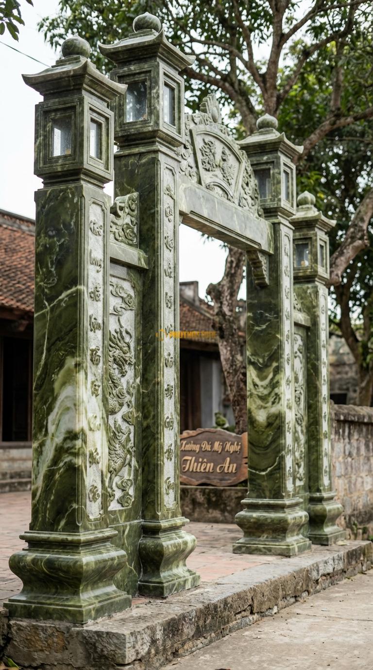 Cổng Tứ Trụ Đá Serpentine Lồng Đèn: Đỉnh cột có ô lồng đèn lắp kính/đá để thắp sáng. Cột chính vuông 35cm; Rộng lối đi chính 3m2