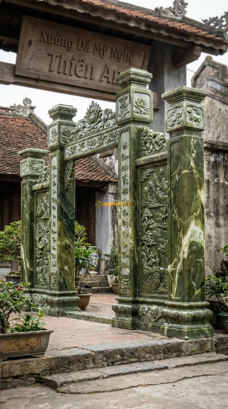 Cổng Tứ Trụ Đá Serpentine Sơn Thủy Hữu Tình: Vách bưng giữa cột chính và phụ chạm cảnh non nước. Cột chính vuông 33cm; Rộng phủ bì 5m1